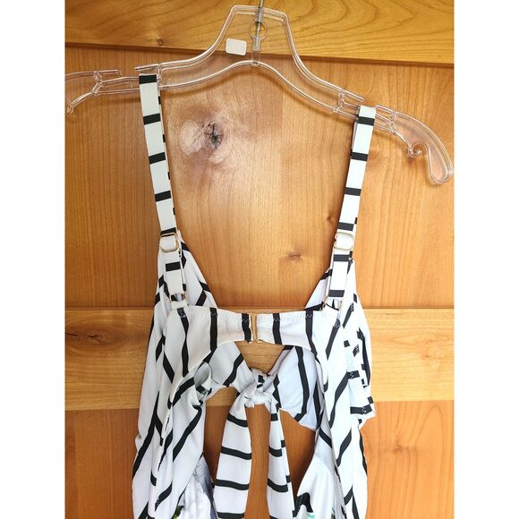 ModCloth 1X One Piece Swimsuit Bathing Suit Floral Tie Front Striped Resort XL - Picture 4 of 5